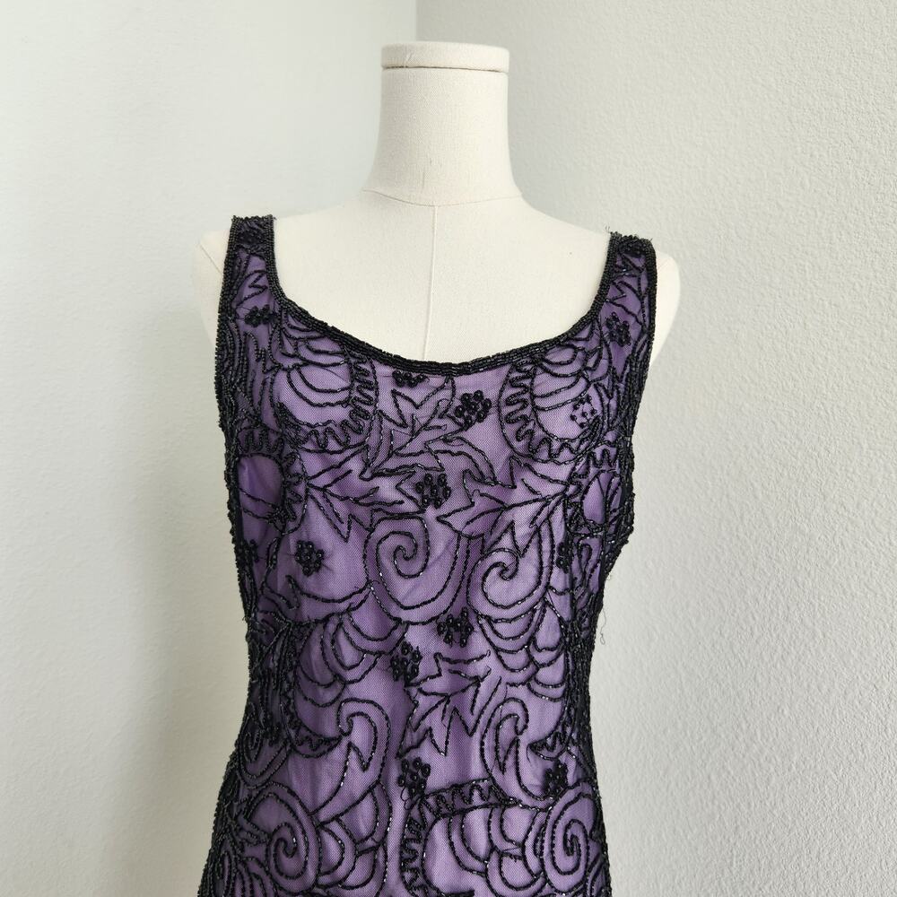 Vintage 90s Laurence Kazar Purple Black Beaded Sheath Dress Sleeveless Mini S - Picture 2 of 12